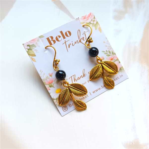 Dainty black onyx gemstone handmade golden leaf earrings