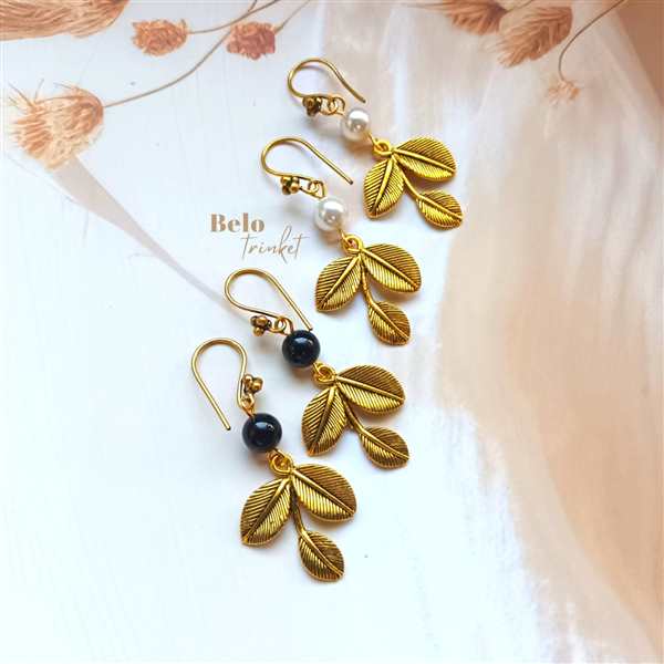 Dainty black onyx gemstone handmade golden leaf earrings