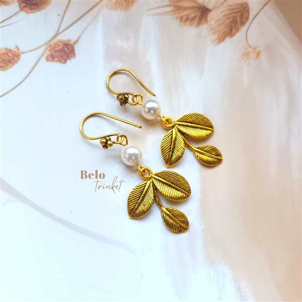 Dainty pearl earrings, handmade golden leaf earrings