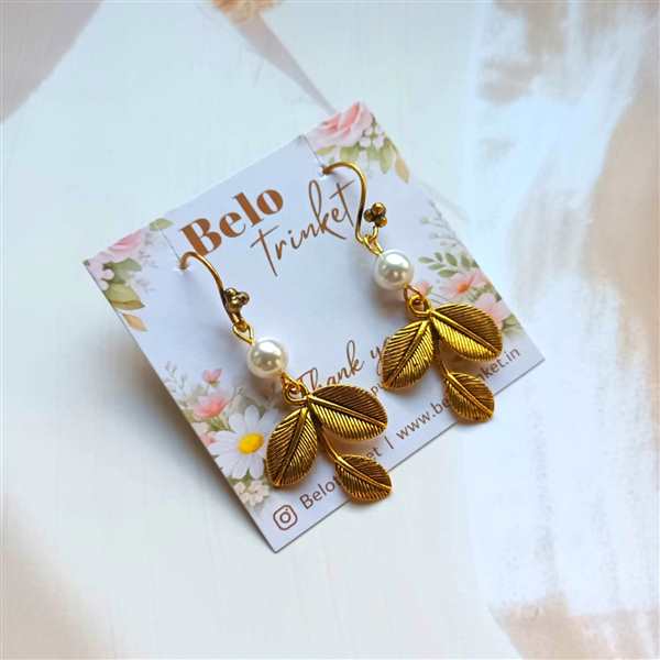 Dainty pearl earrings, handmade golden leaf earrings
