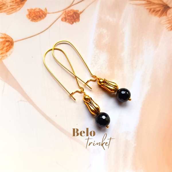 Dainty tulip black onyx gemstone handmade golden earrings