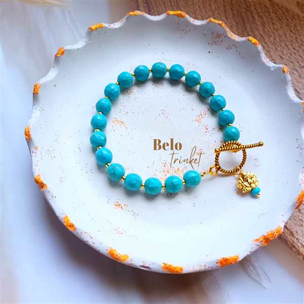 Dainty turquoise bracelet blue gemstone lotus charm 